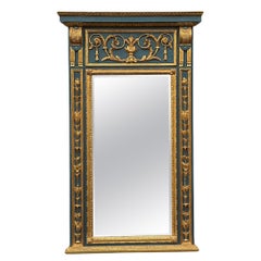 Large Scale Blue Painted Italian Carved Giltwood Neo-Classical Style Wall Mirror