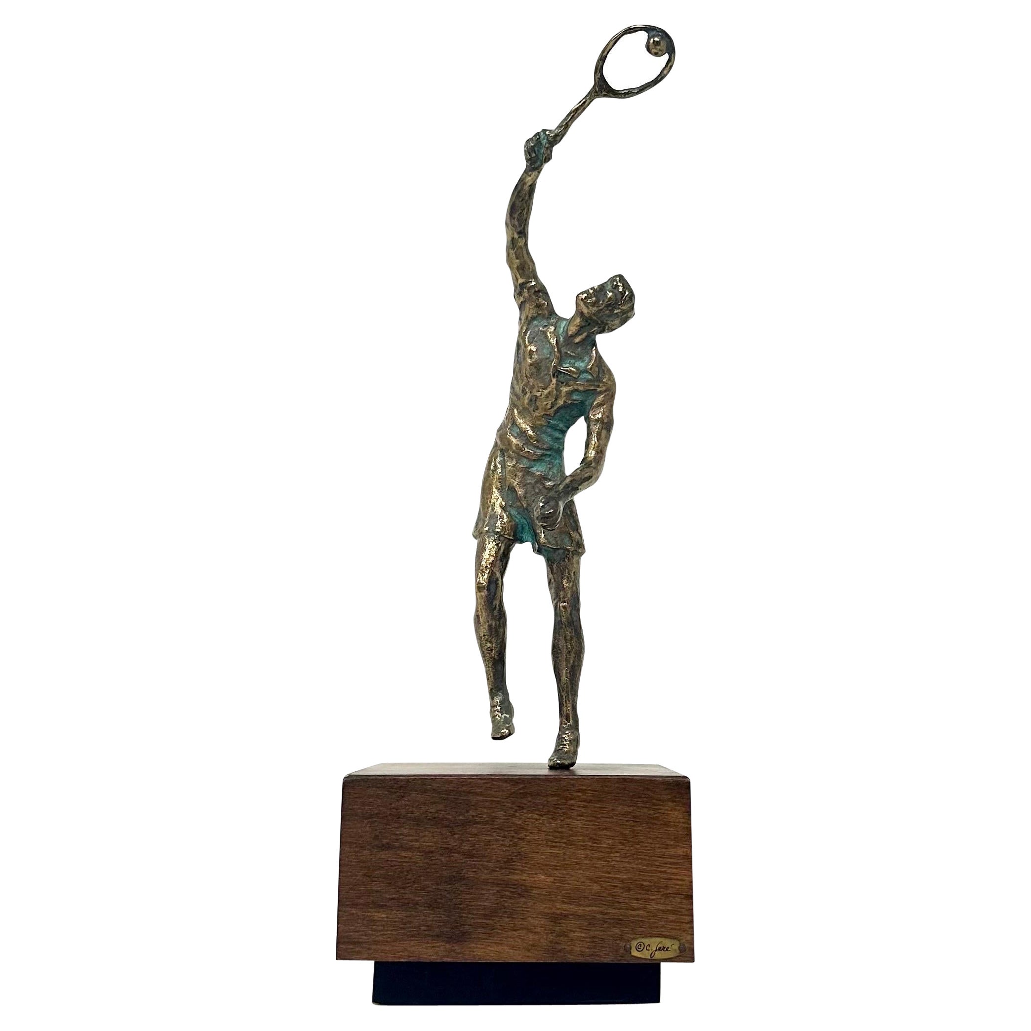 1970s Curtis Jere Bronze Tennis Player Sculpture on Wood Base