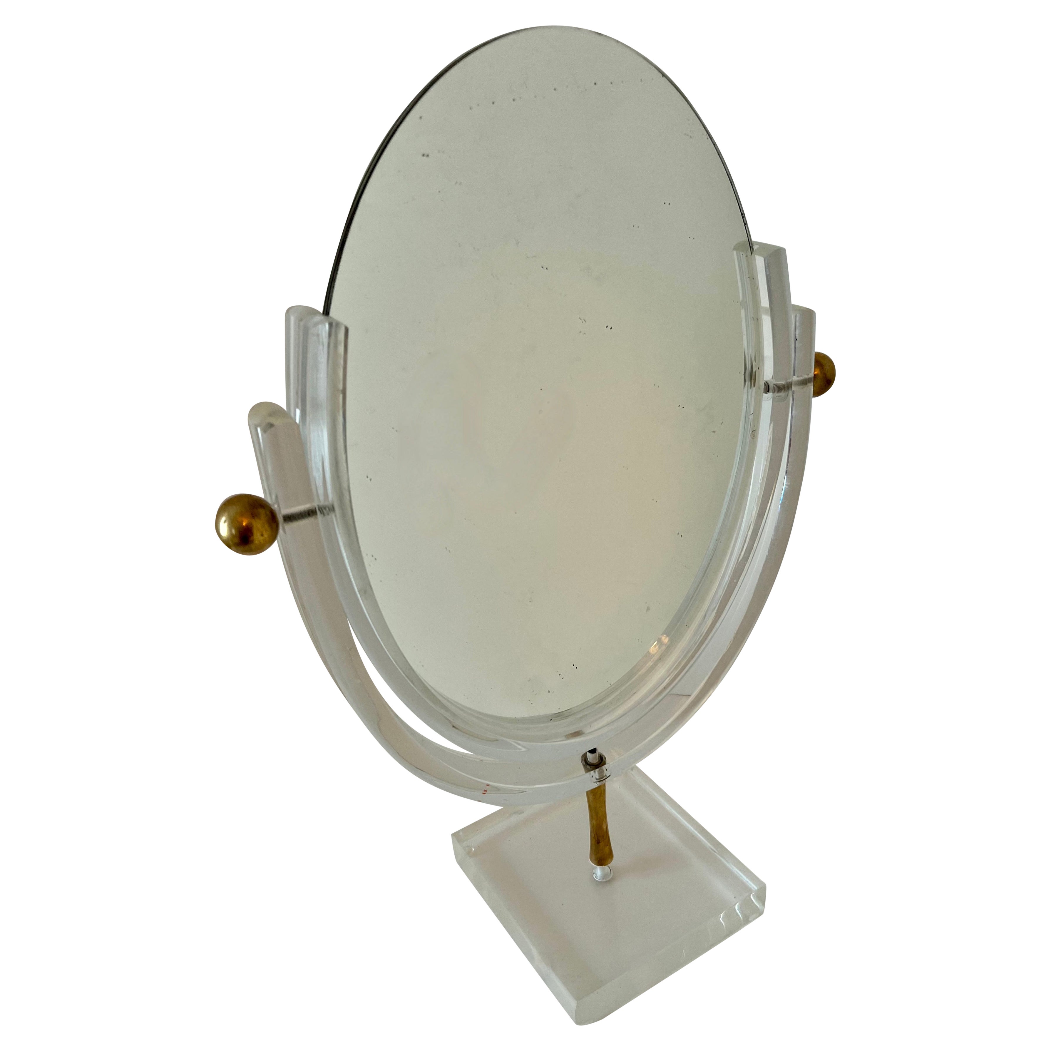 Charles Hollis Jones Acrylic and Brass Double Sided Table Mirror For Sale
