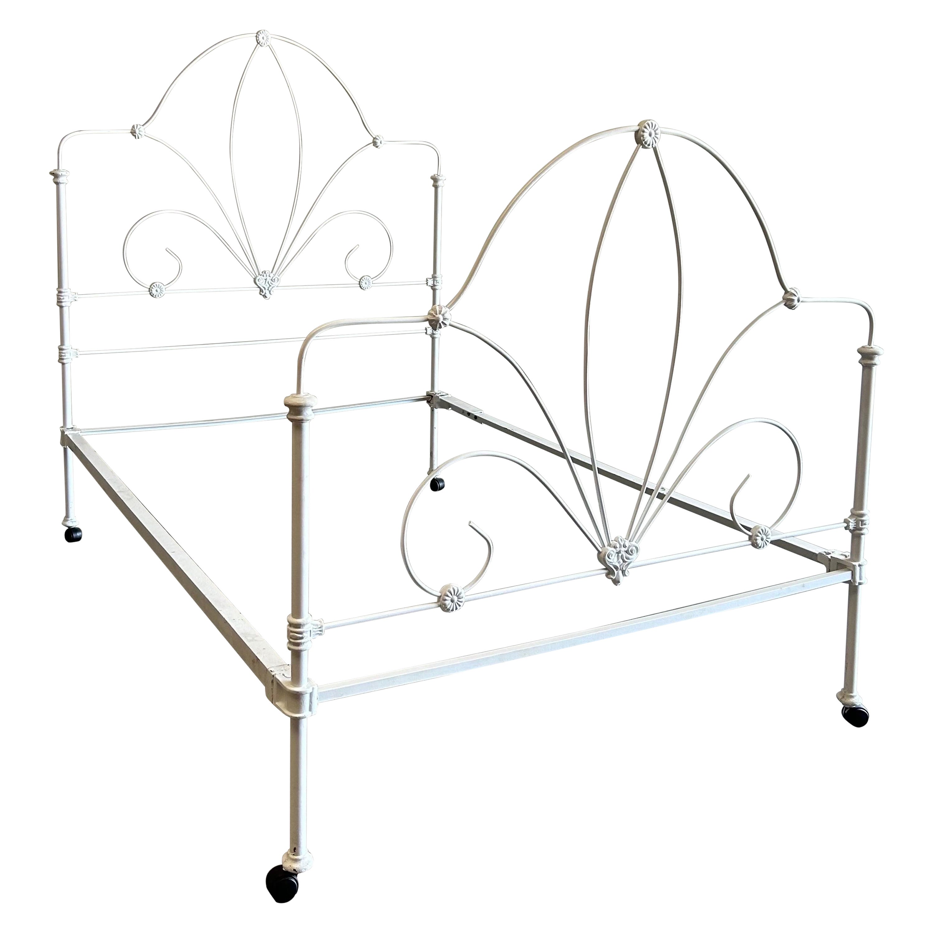 Antique Full Size Iron Bed in White with Removable Wheels For Sale