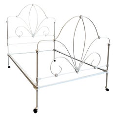 Vintage Full Size Iron Bed in White with Removable Wheels