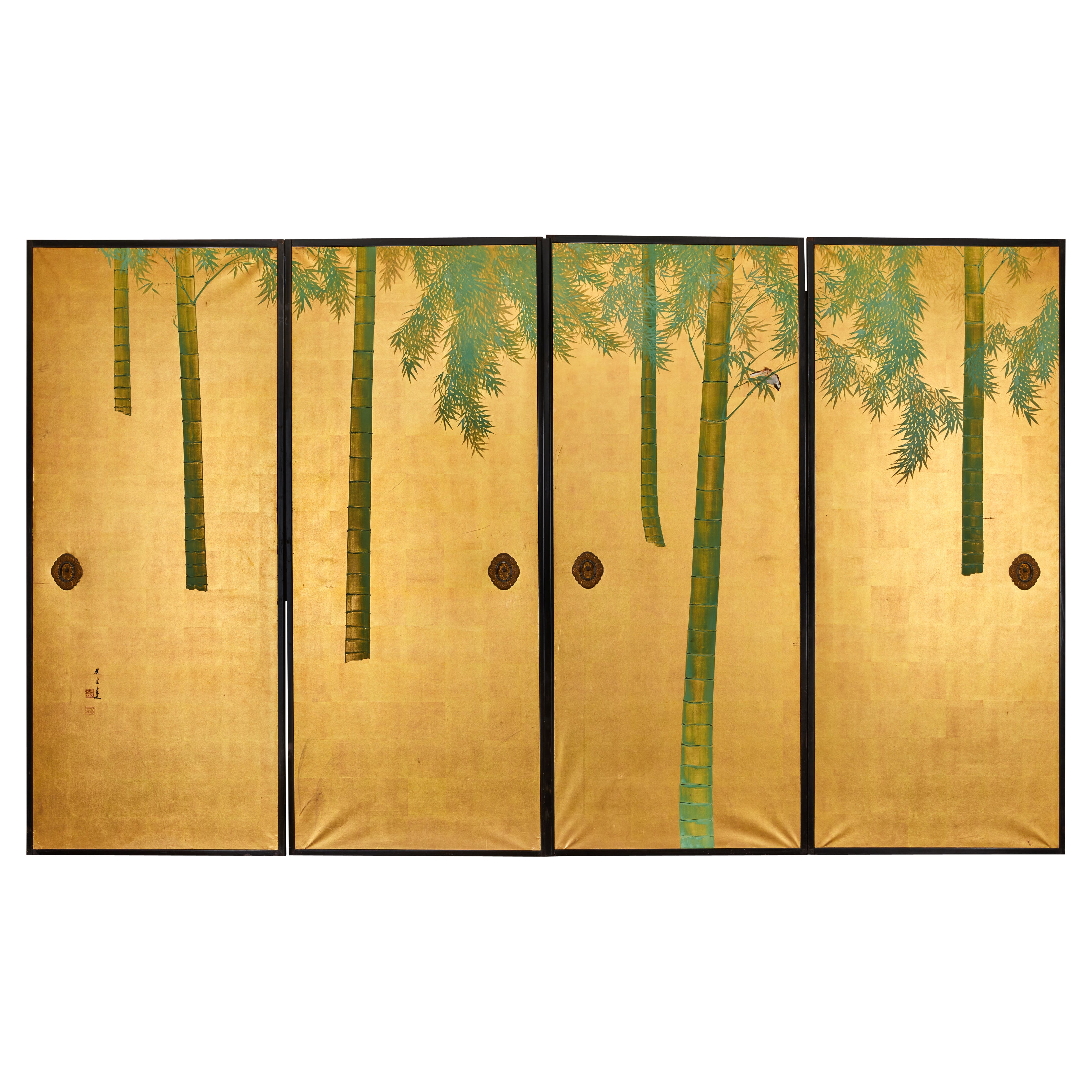 Set of Four Sliding Doors (Fusuma): Bamboo on Gold For Sale