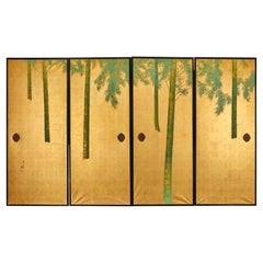 Ensemble de quatre portes coulissantes (Fusuma) : bambou sur or