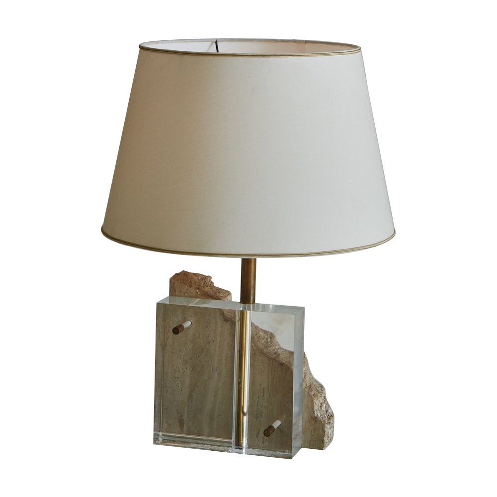 Sculptural Travertine + Lucite Table Lamp, France 20th Century For Sale