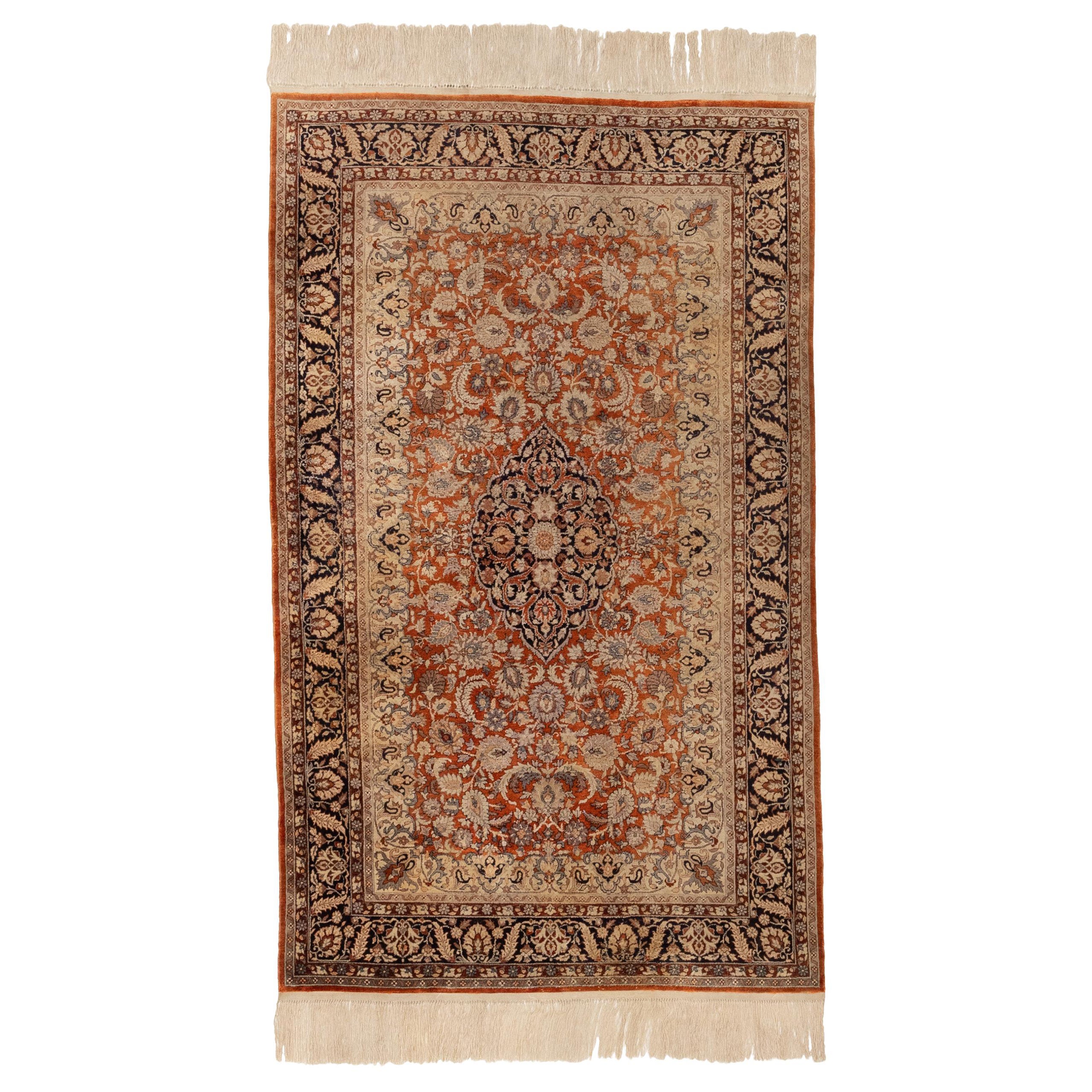 19th Century RedIvory Field w/Central Medallion Trailing Floral Vines Keshan Rug For Sale