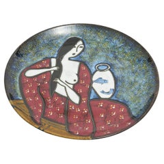 A Vintage Glazed Porcelain Charger Of An Asian Lady, Signed 'Subi', 20th Century