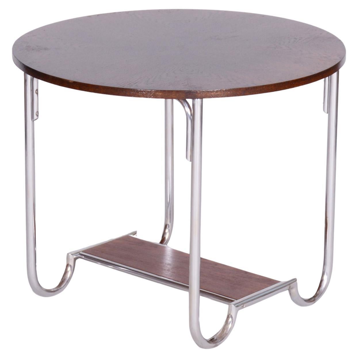 Restored Bauhaus Oak Small Round Table, Chrome-Plated Steel, Czechia, 1930s For Sale