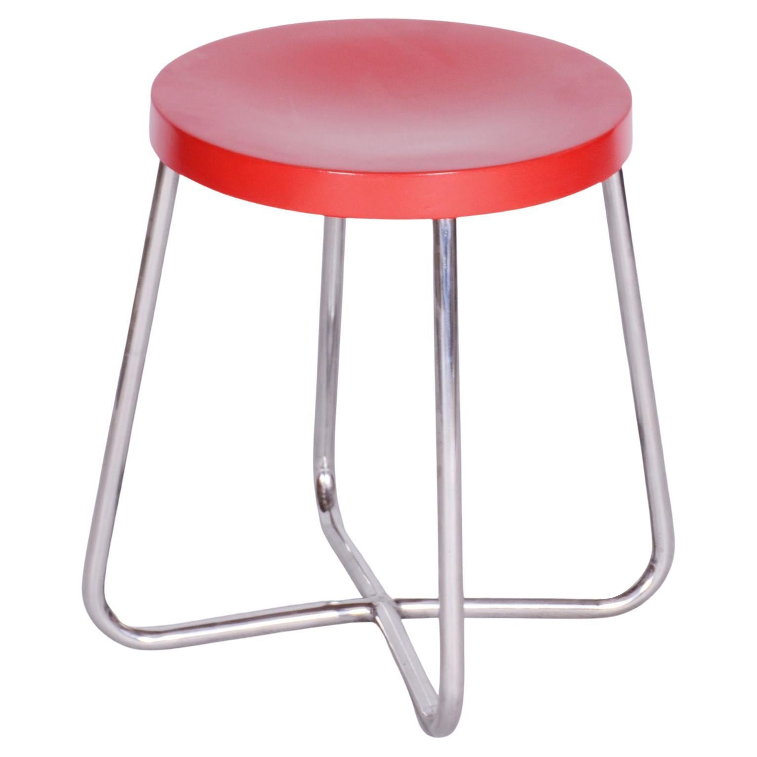 Tabouret en hêtre Bauhaus restauré, acier chromé, République tchèque, années 1930