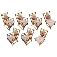 Chaises de salle à manger en rotin restaurées de style Chippendale avec dossier en diamant, lot de 7