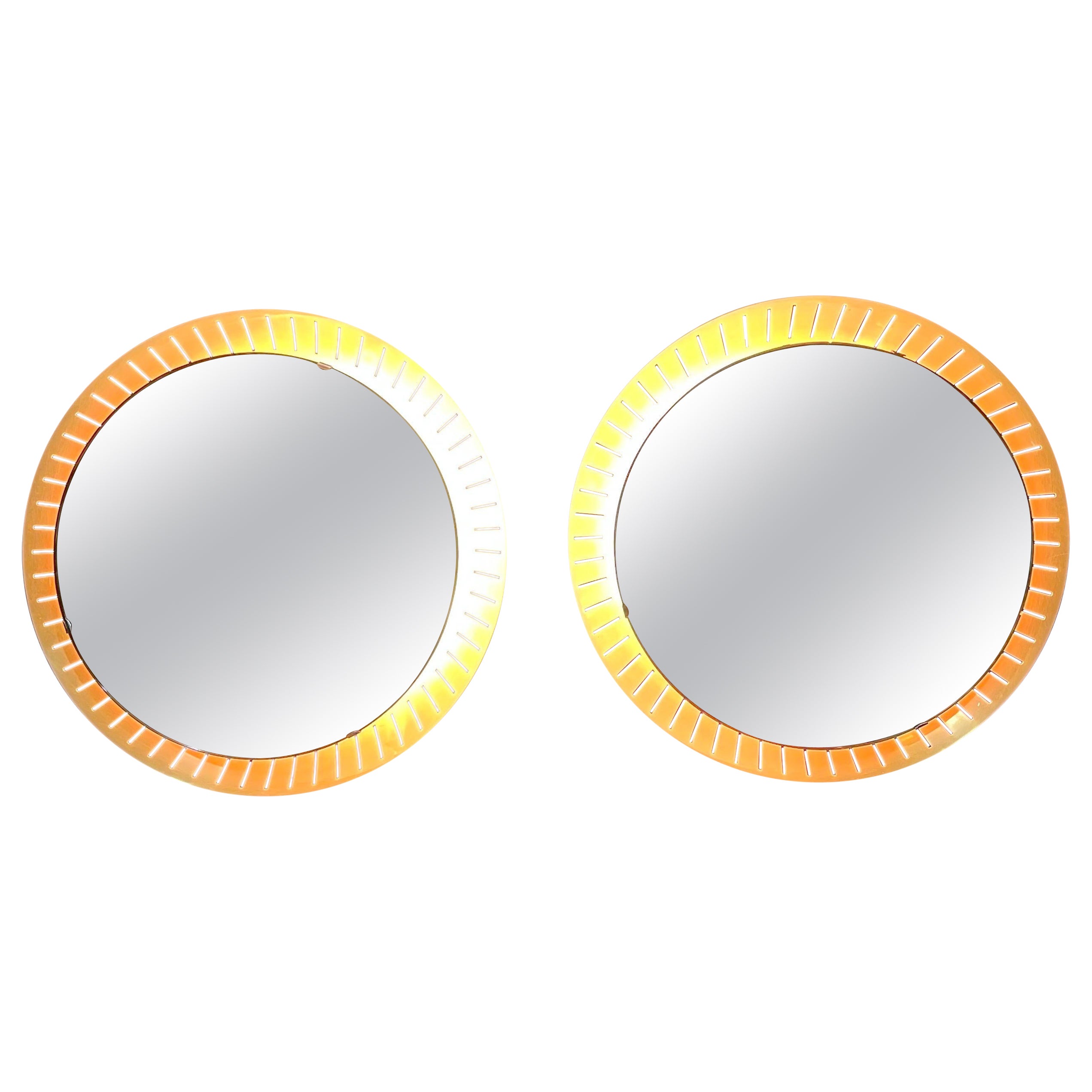Pair brass backlit circular mirrors  For Sale