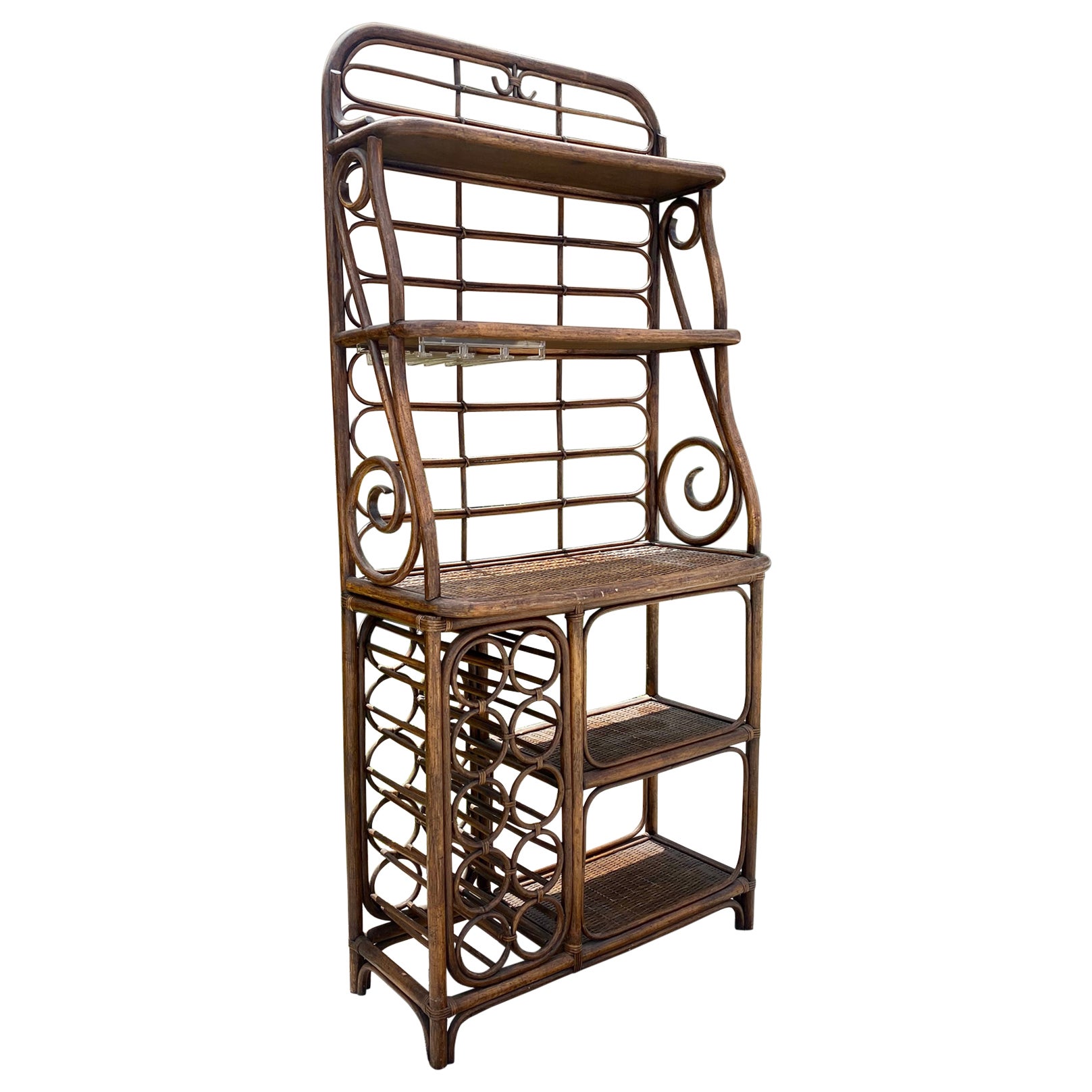1970s Rattan and Lucite Wine Bar Bakers Rack Display Shelf For Sale