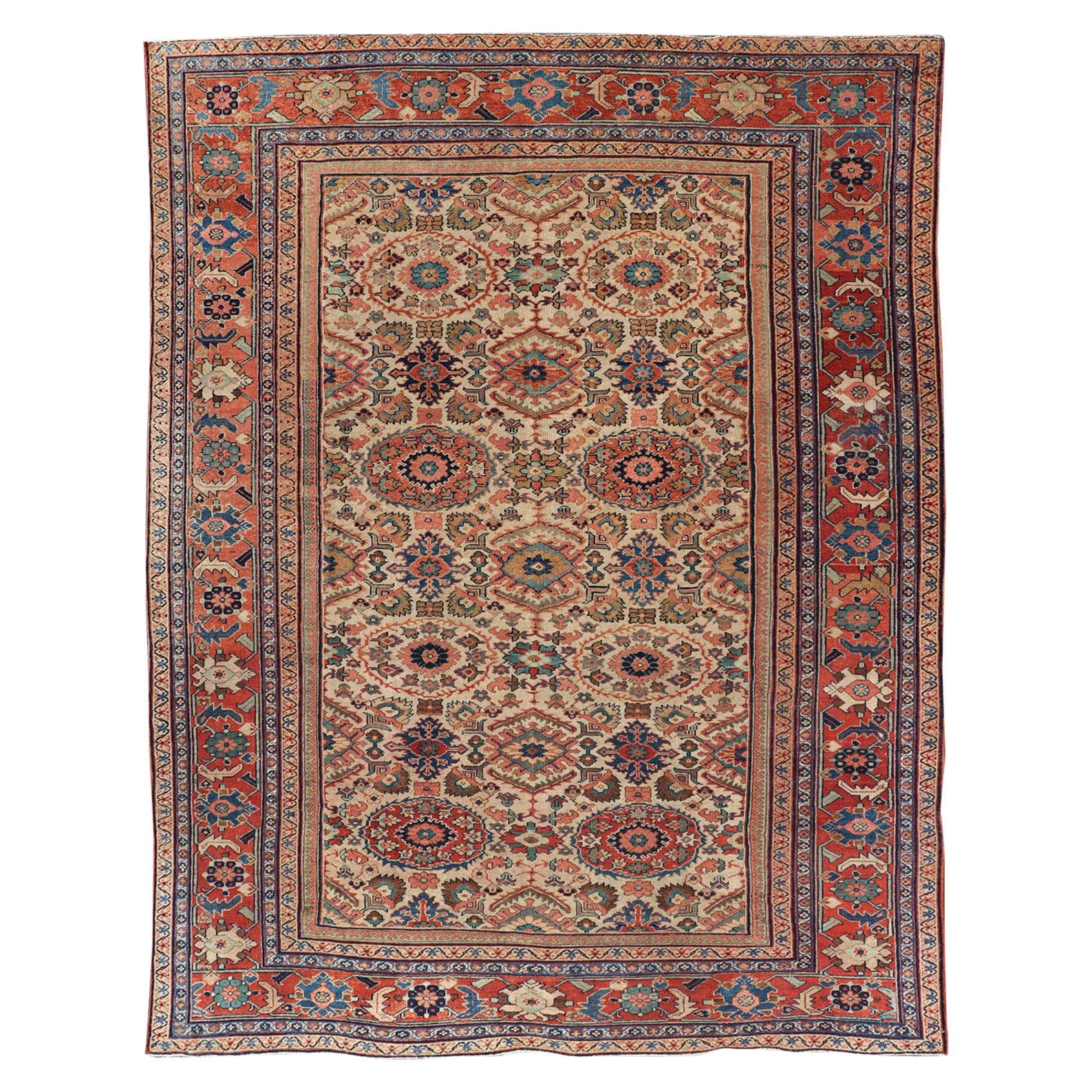 Antique Persian Sultanabad Rug with All Over Sub Geometric Design On Ivory Field For Sale