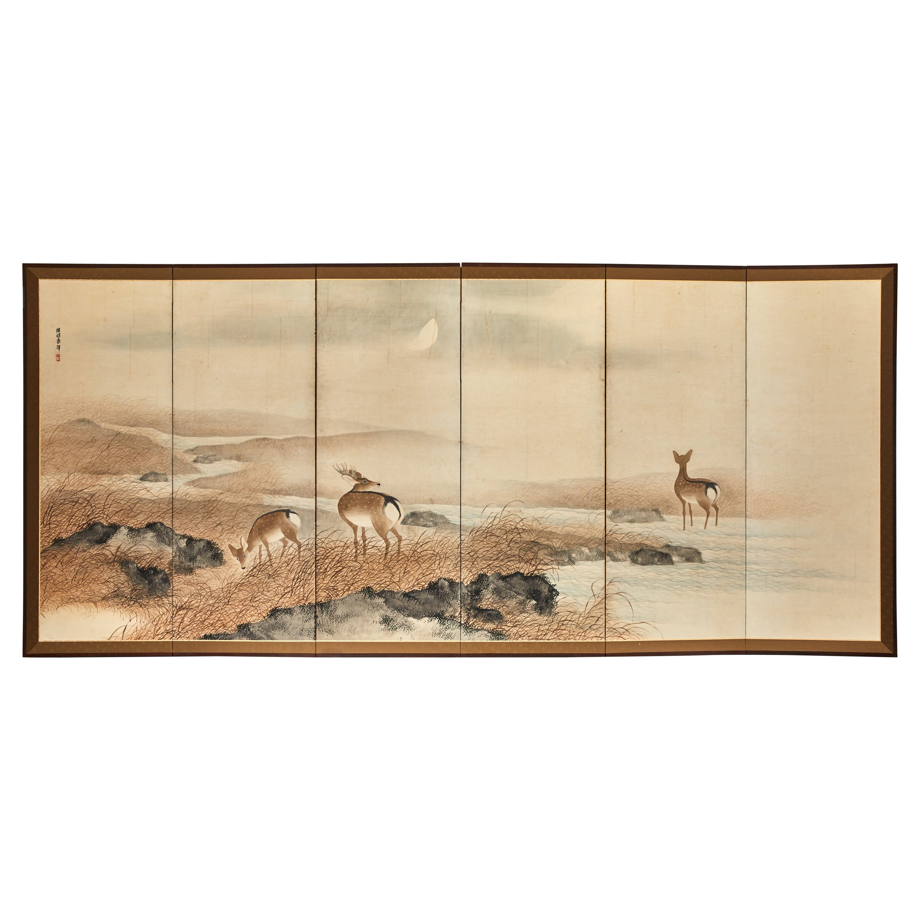 Japanese Six Panel Screen: Deer in Moonlit Water Landscape For Sale