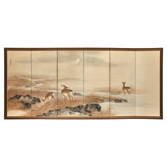 Japanese Six Panel Screen: Deer in Moonlit Water Landscape