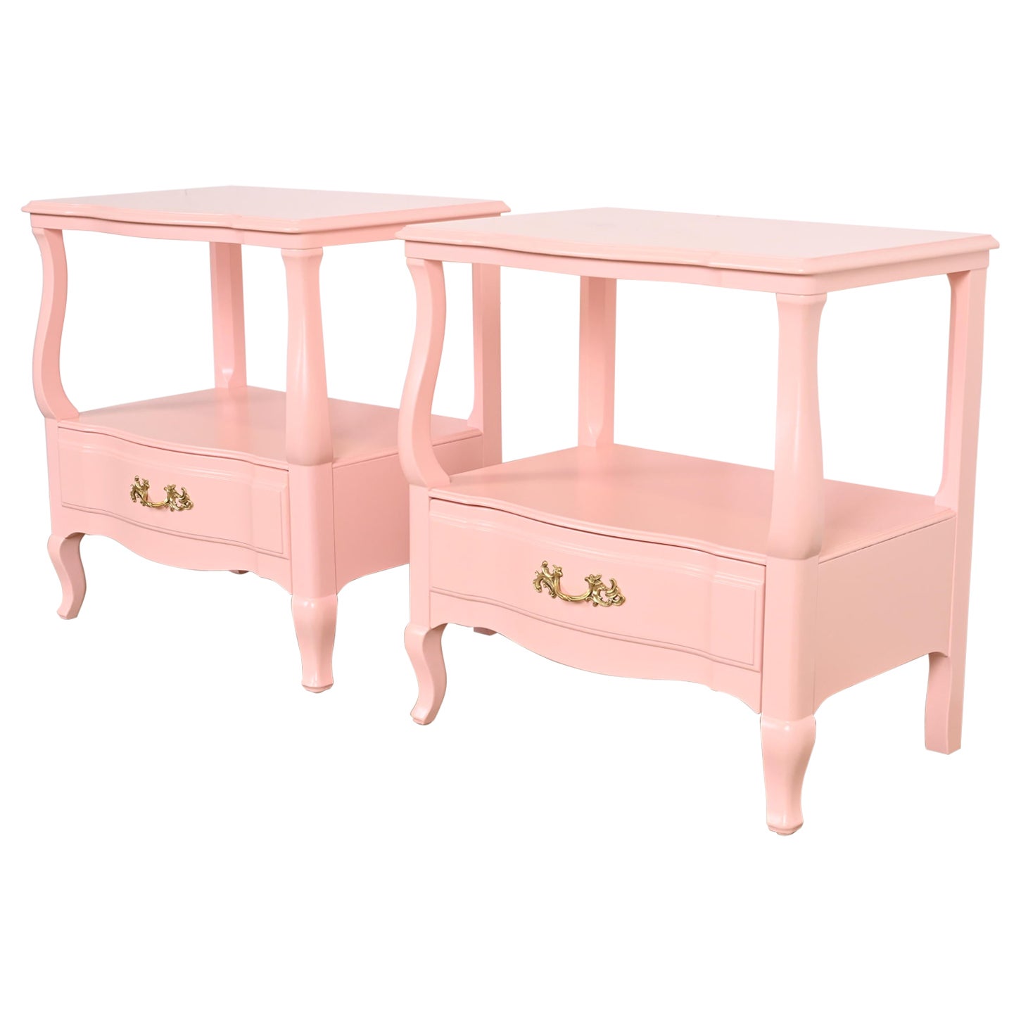 John Widdicomb French Provincial Louis XV Pink Lacquered Nightstands, Pair For Sale