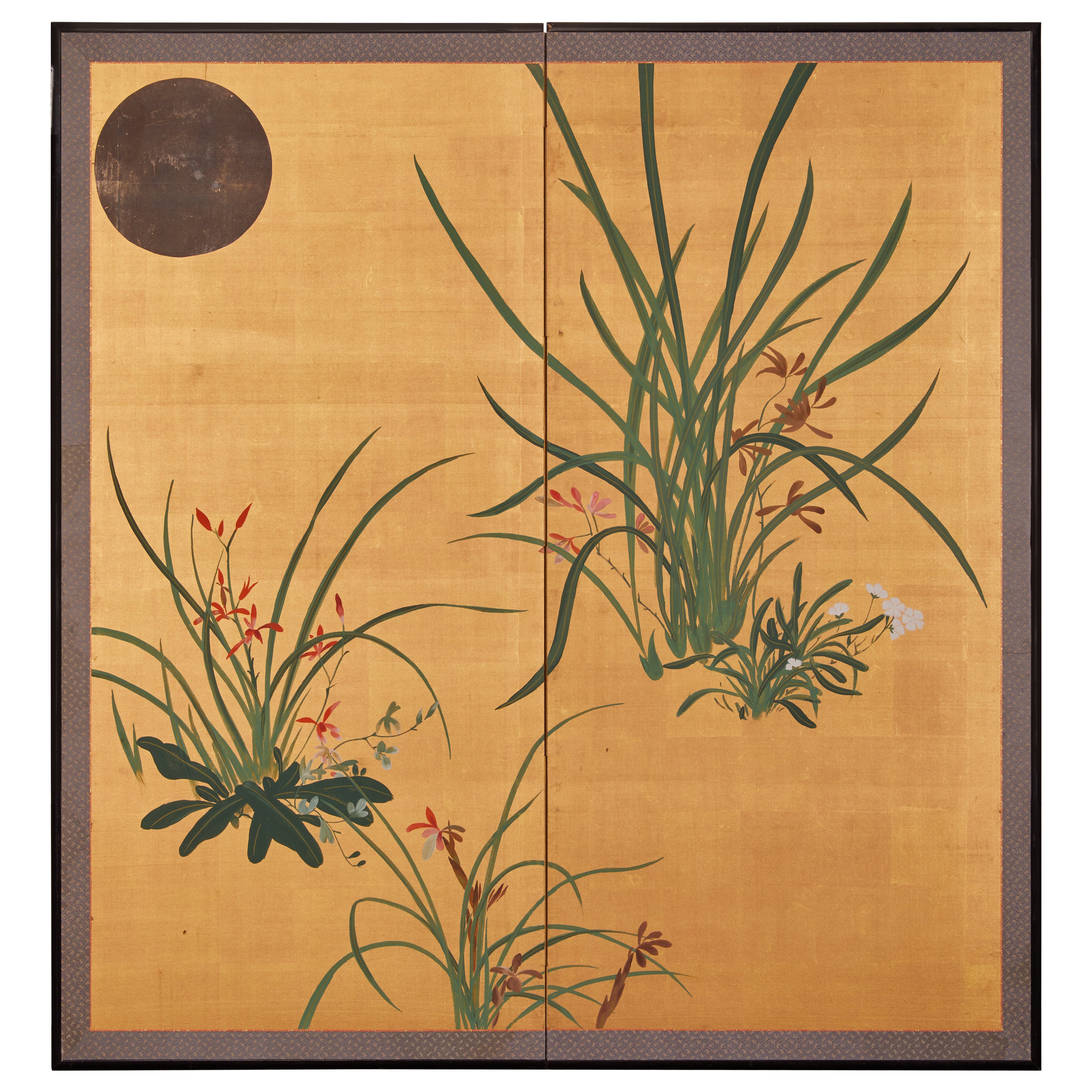 Japanese Two Panel Screen: Moon and Flowers