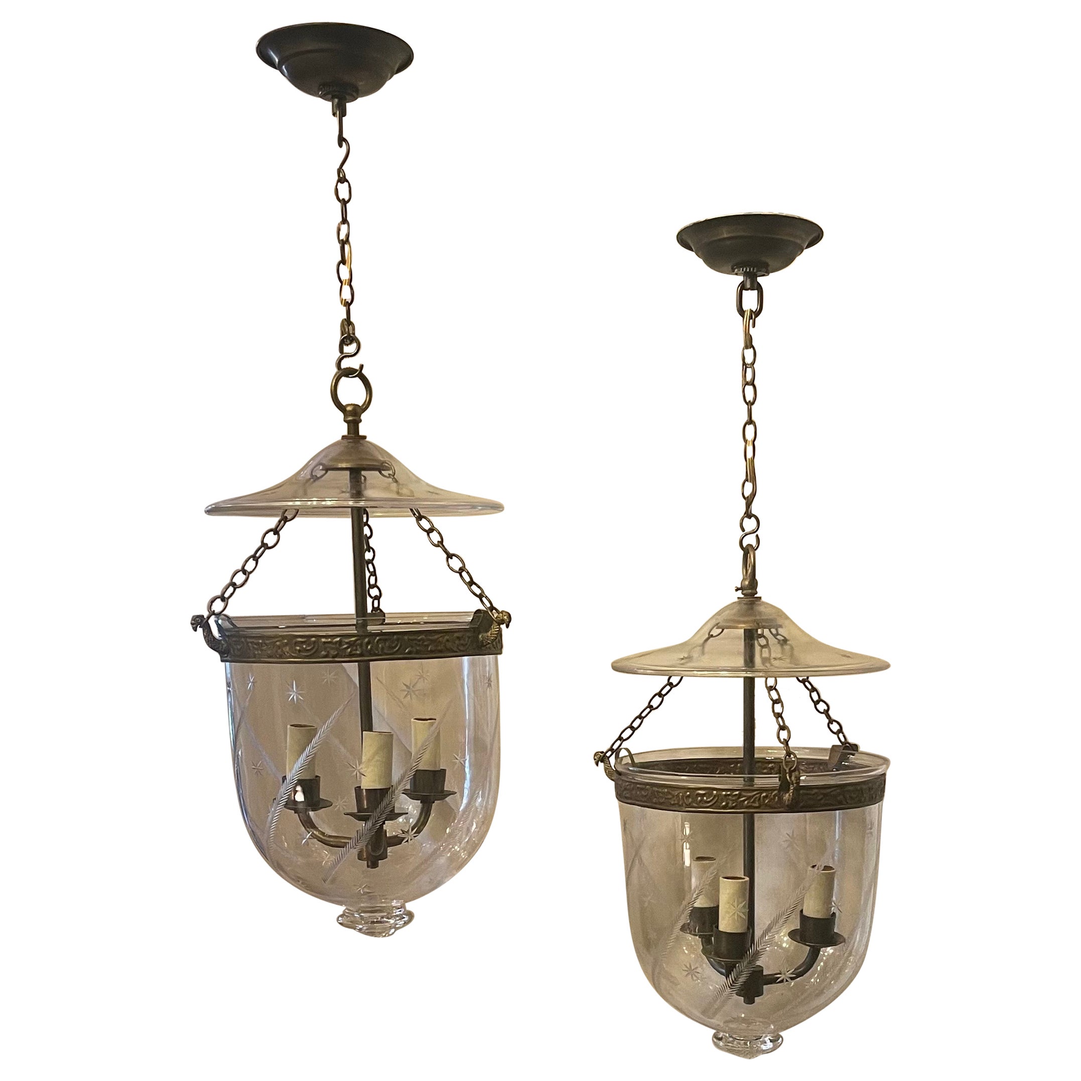 Fine Pair Regency Vaughan Designs English Bronze Bell Jar Blown Glass Lanterns For Sale