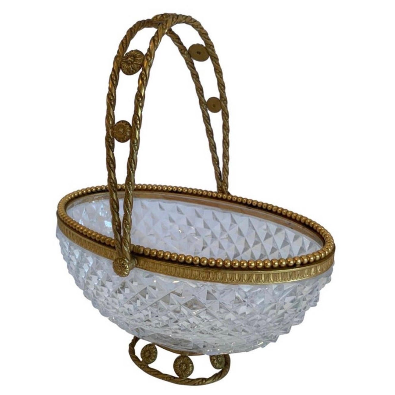 Wonderful Baccarat French Dore Bronze Cut Crystal Oval Basket Centerpiece Bowl For Sale
