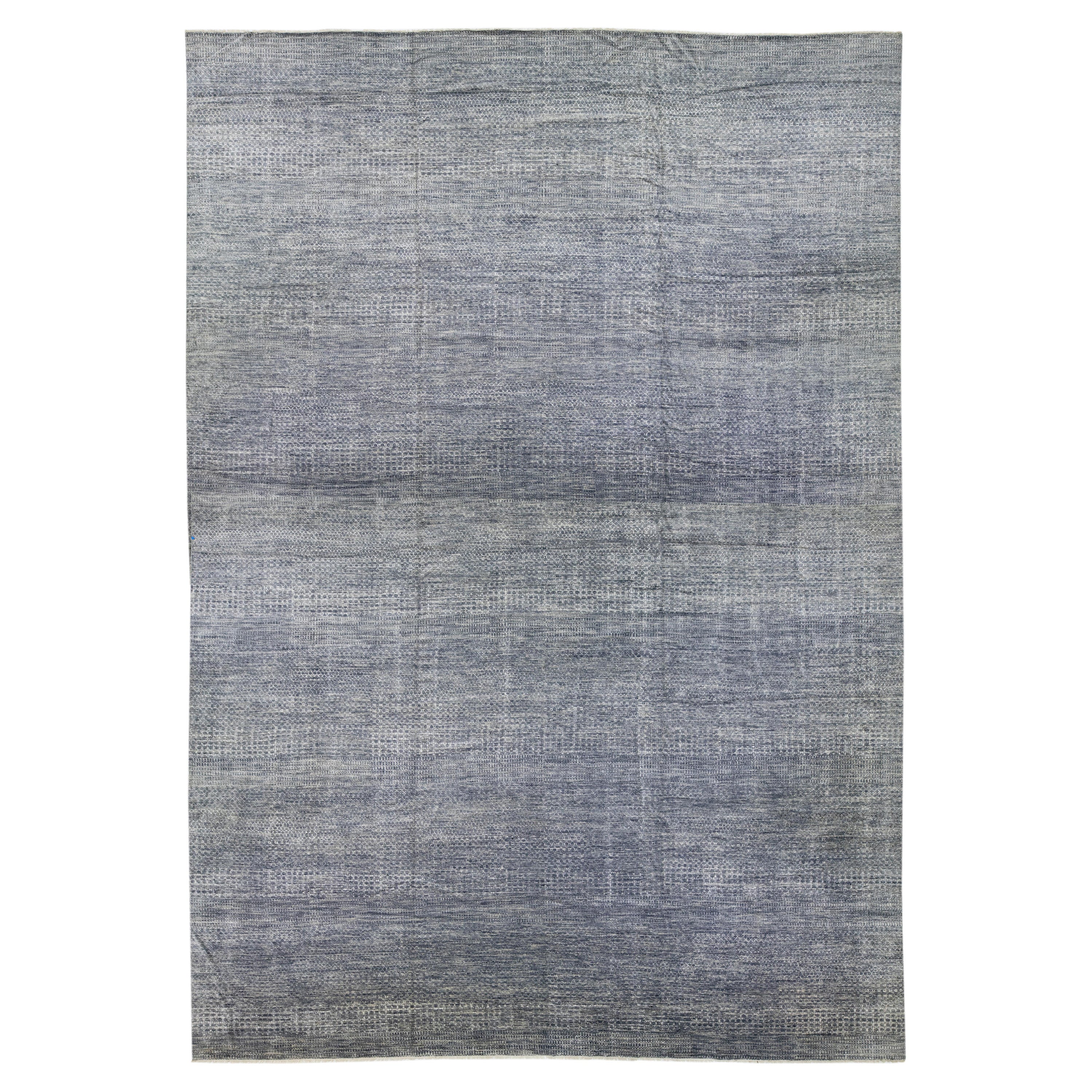 Oversize Modern Indian  Wool Rug Allover Geometric In Gray