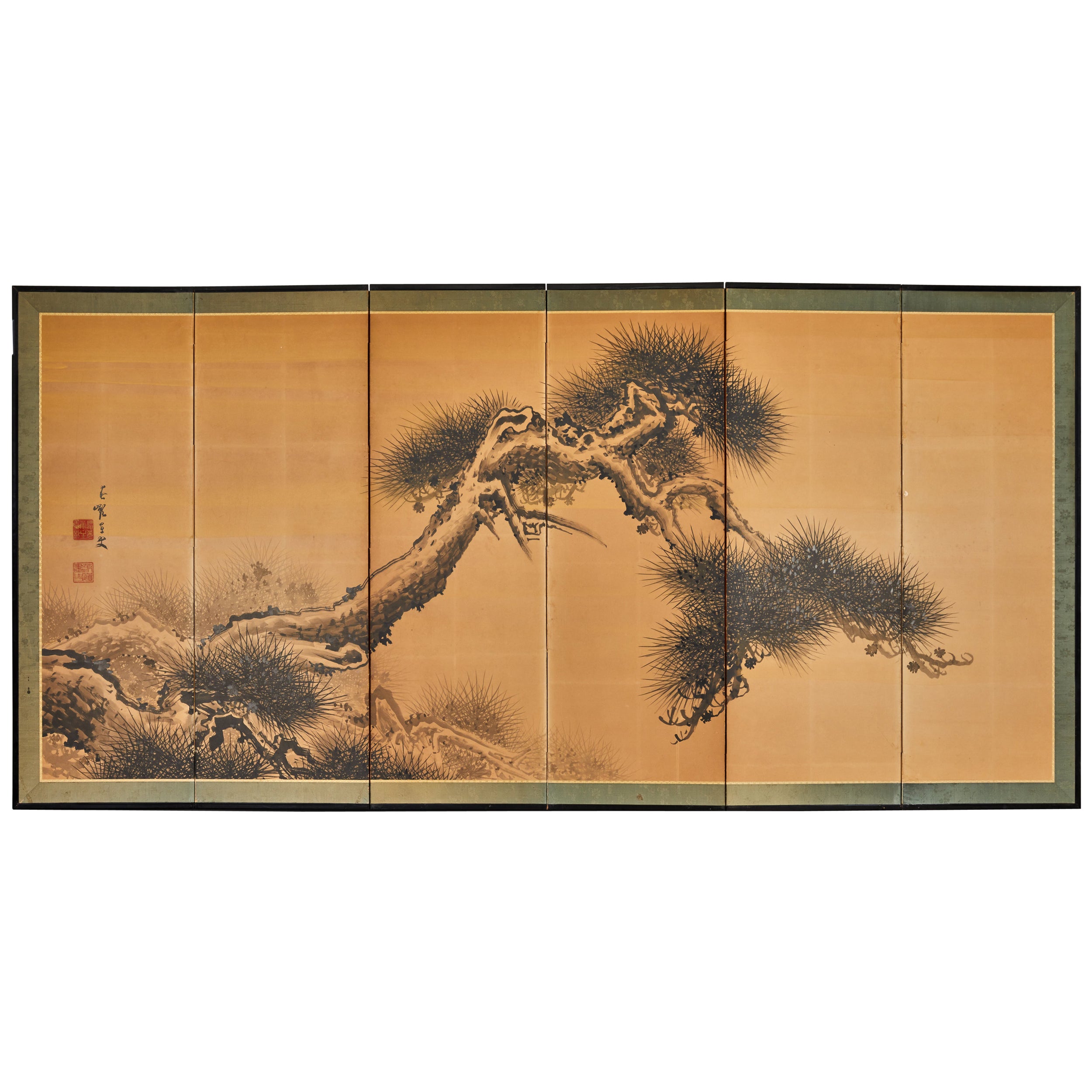 Paravent japonais à six panneaux : peinture à l'encre d'un arbre de pin usé en vente