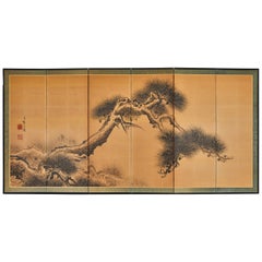 Japanese Six Panel Screen: Ink Painting of a Weathered Pine Tree