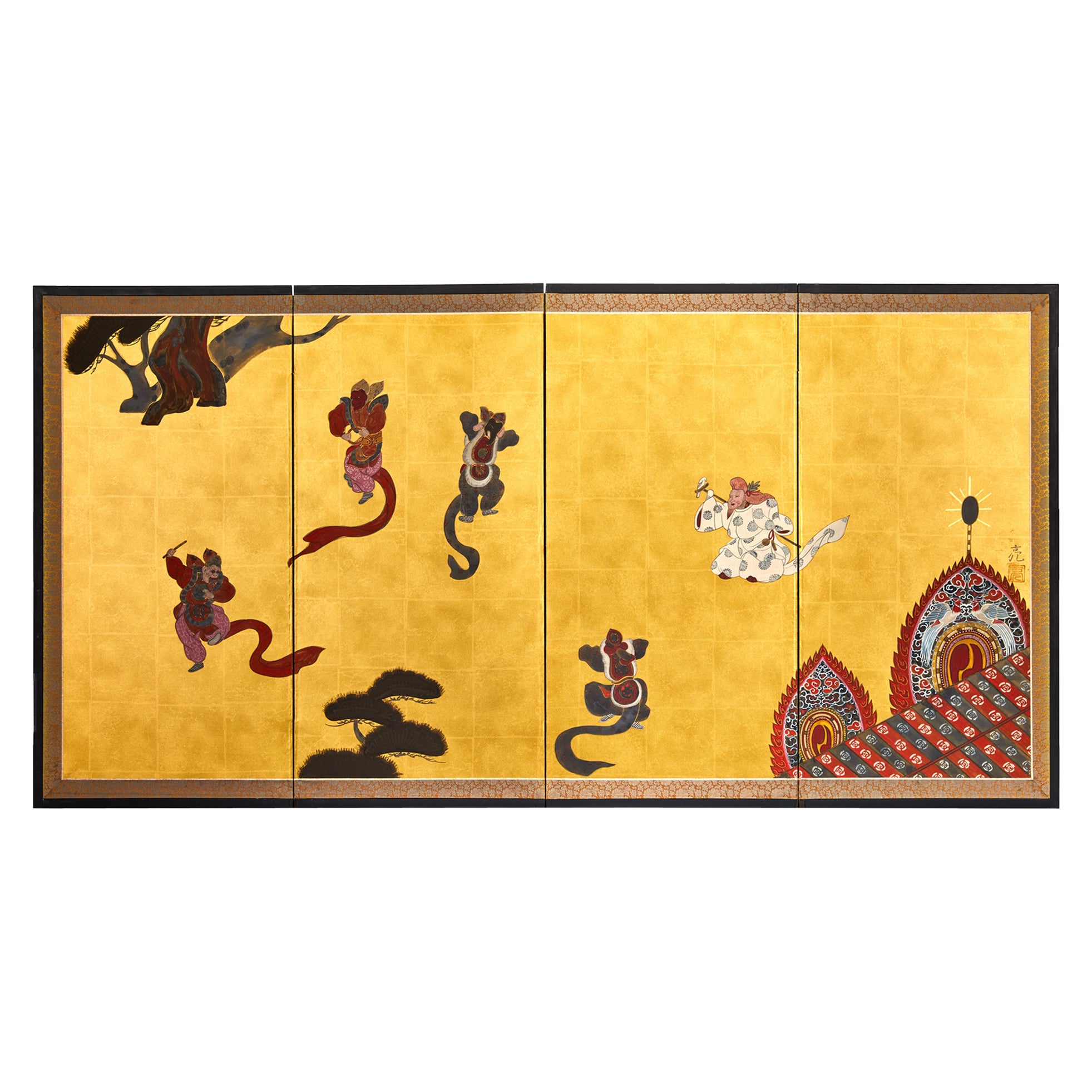 Japanese Four Panel Screen: Dancing Figures For Sale