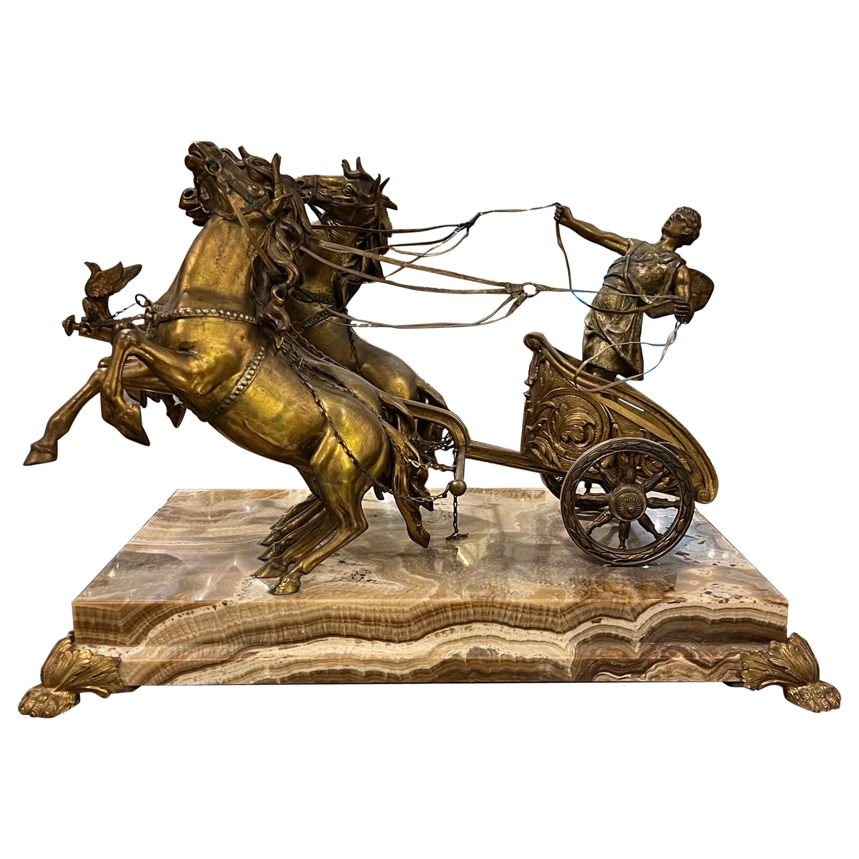 Sculpture de chariot romain en bronze sur socle en onyx