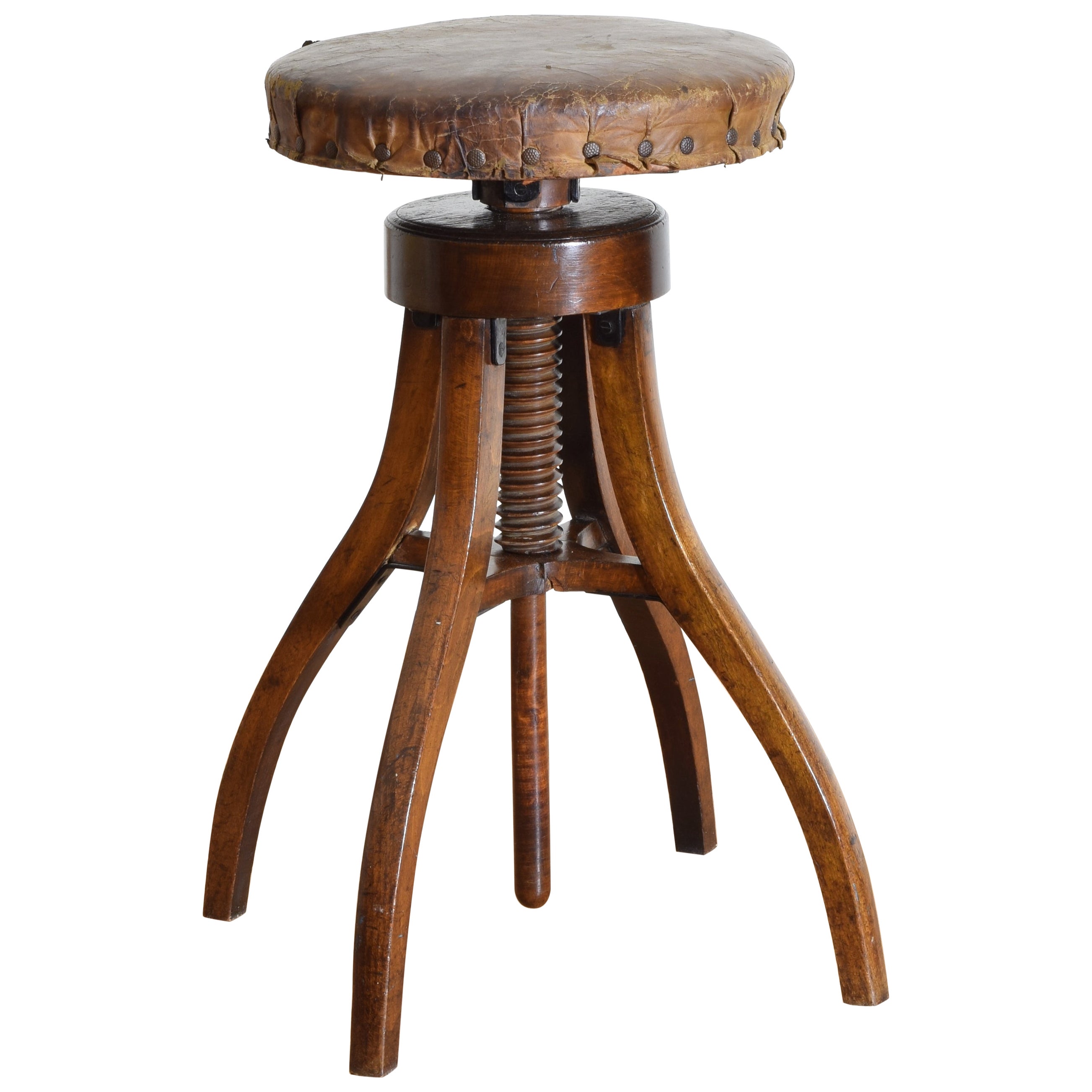 French Walnut and Leather Adjustable Stool, circa 1900 For Sale