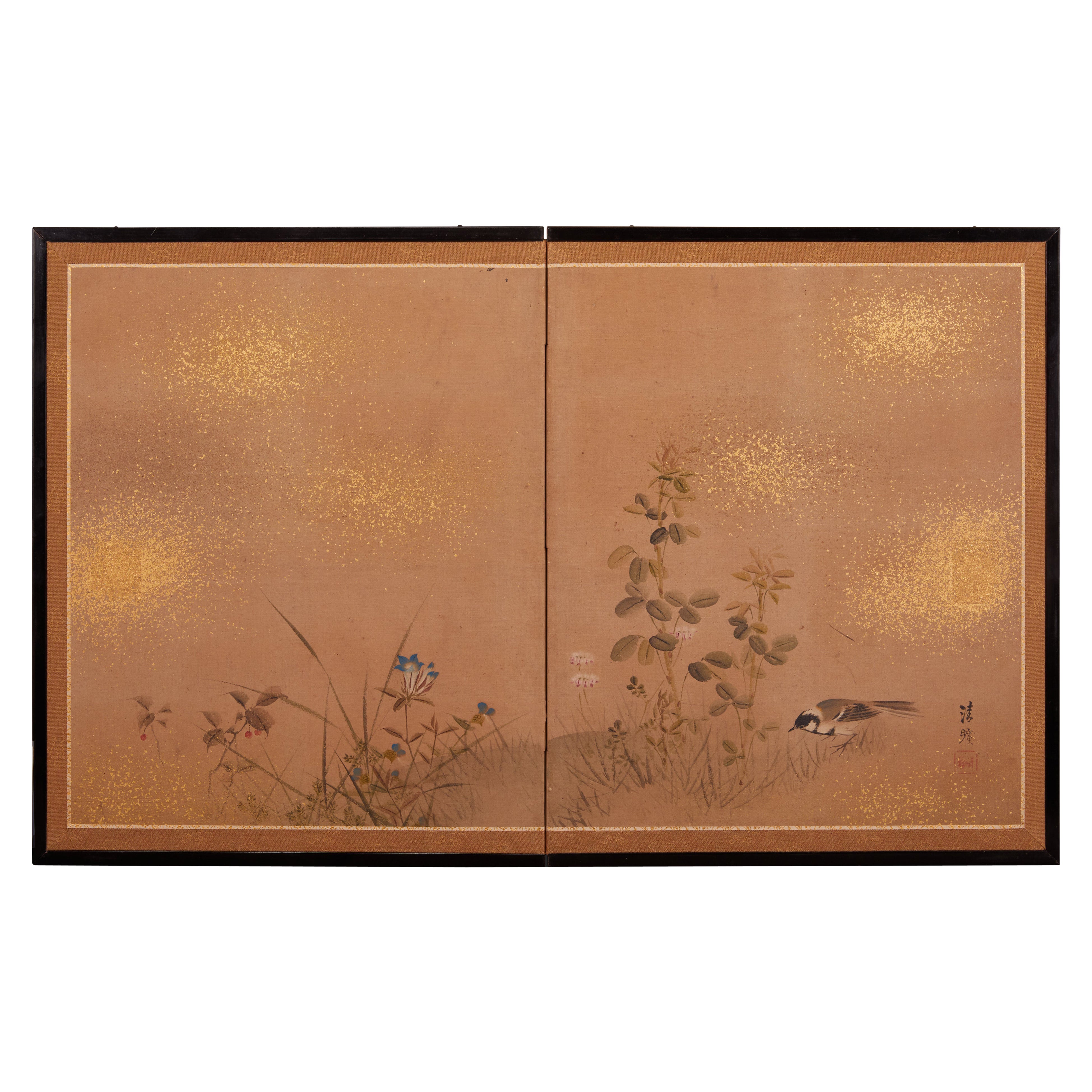 Japanese Two Panel Screen: Gentle Landscape of Sparrow and Flowers For Sale