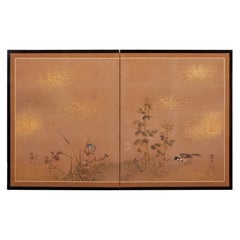 Antique Japanese Two Panel Screen: Gentle Landscape of Sparrow and Flowers
