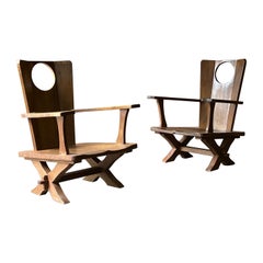 Beautiful Pair of Vintage European Oak Low Lounge Chairs 