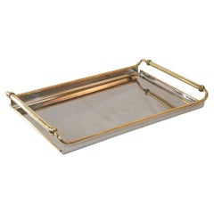 1950s Art Deco Metal Tray Chrome Mirrored with Brass Handles