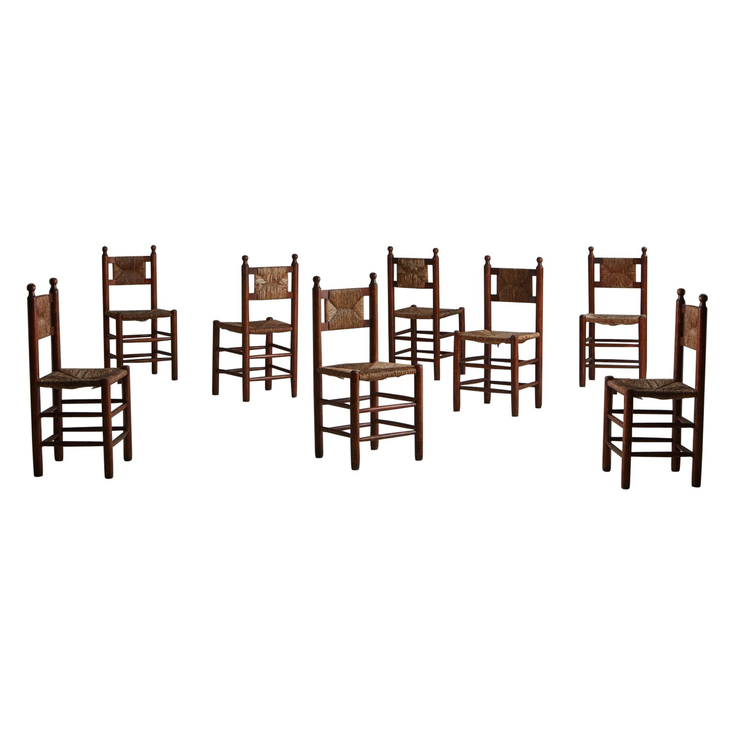 Set of 8 Wood + Rush Dining Chairs in the Style of Charles Dudouyt, France 1940s