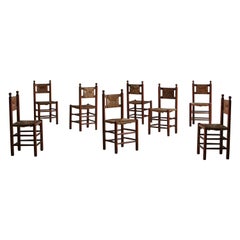 Set of 8 Wood + Rush Dining Chairs in the Style of Charles Dudouyt, France 1940s