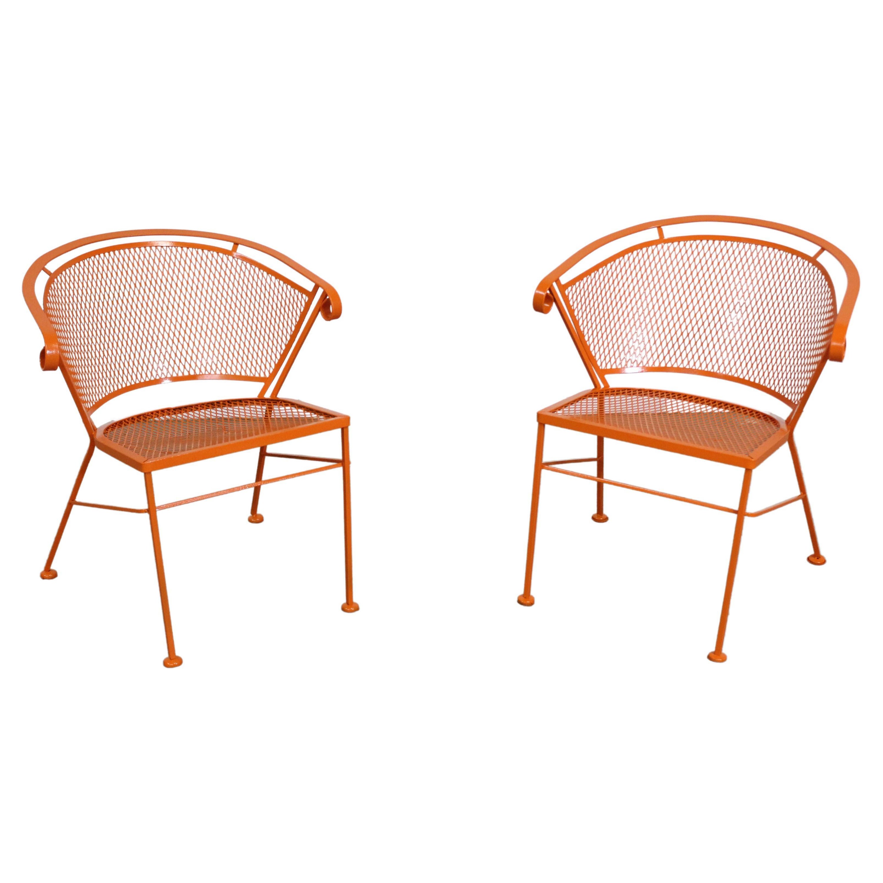 Pair of Mid-Century Modern Atomic Orange Outdoor Metal Curved Back Chairs