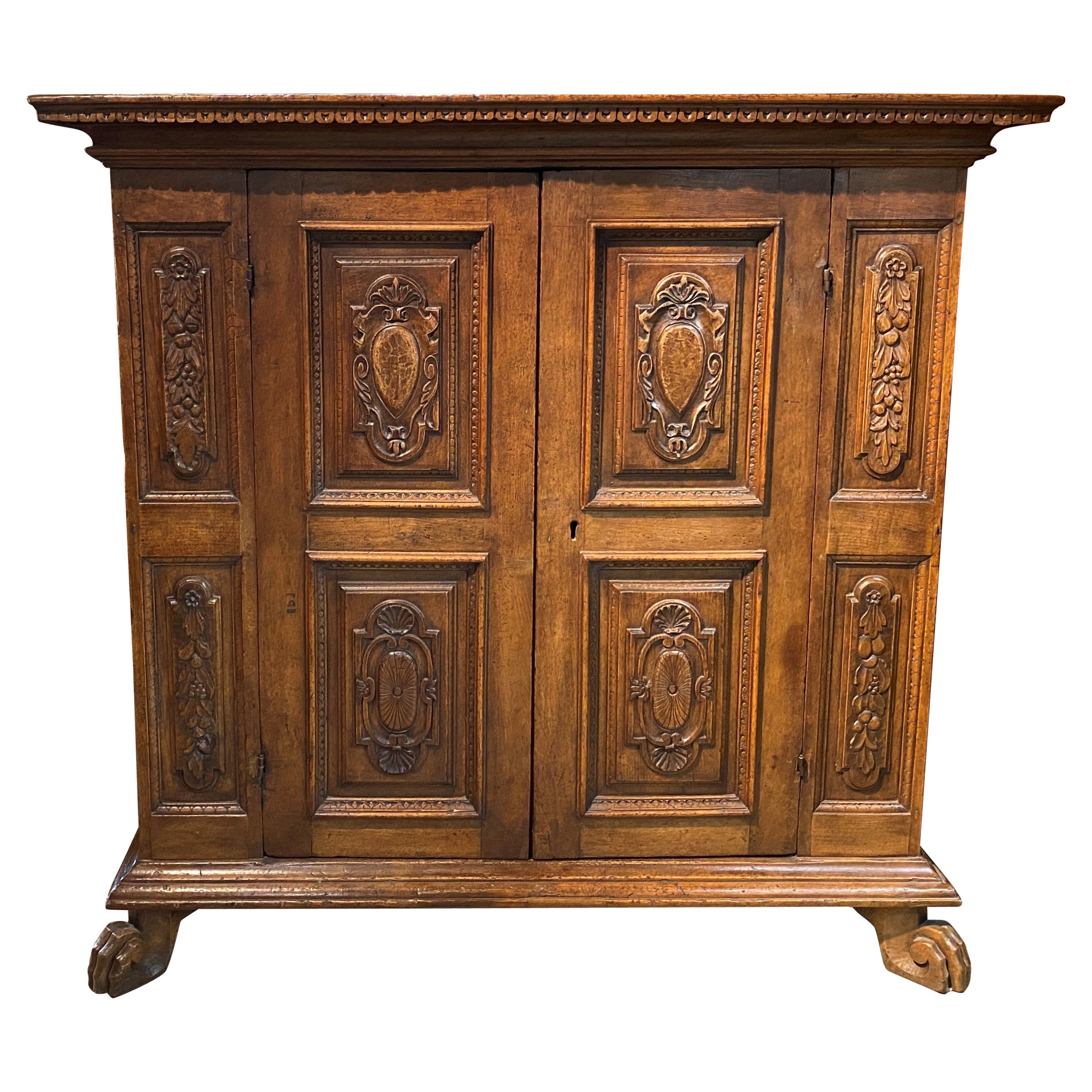 18th/19th c Large Italian Baroque Style Two Door Carved Oak Cabinet w/ Paw Feet For Sale