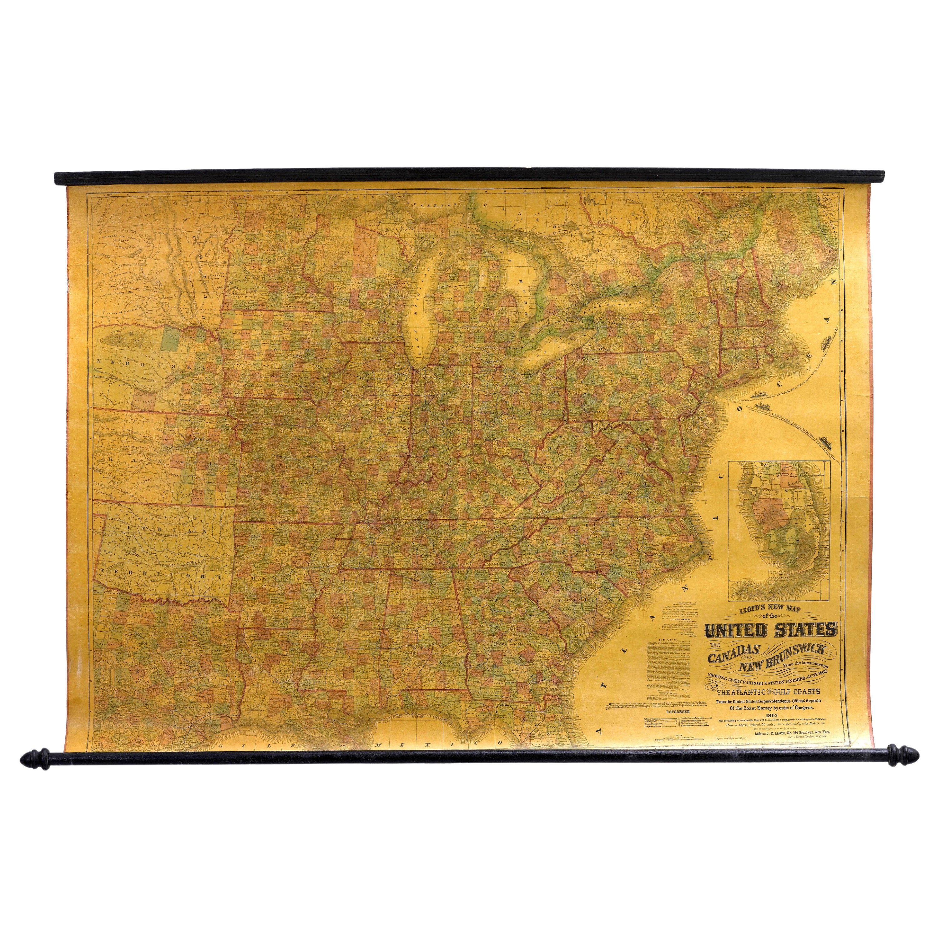 1863 "Lloyd's New Map of the United States, the Canadas, and New Brunswick" (Nouvelle carte de Lloyd des États-Unis, des Canadas et du Nouveau-Brunswick)  en vente