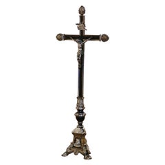 19th Century French Free Standing Two-Tone Blackened & Silvered Church Crucifix