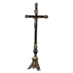 Antique 19th Century French Free Standing Two-Tone Blackened & Silvered Church Crucifix