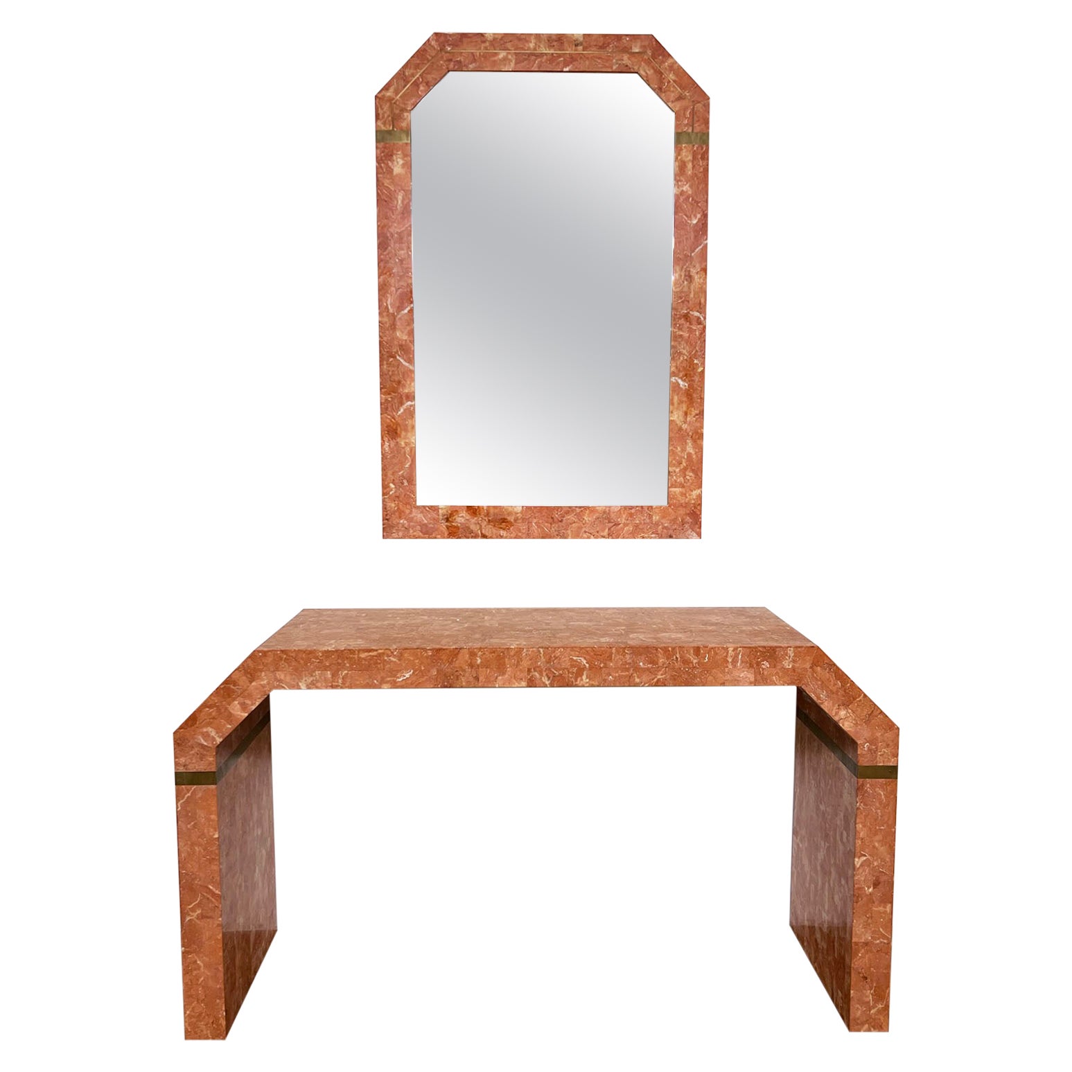 Tessellated Fossil Stone Console Table & Mirror Attributed to Maitland Smith