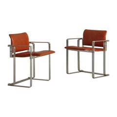 Pair of Cognac Leather + Metal Lounge Chairs by Arrmet, Italy 1970s