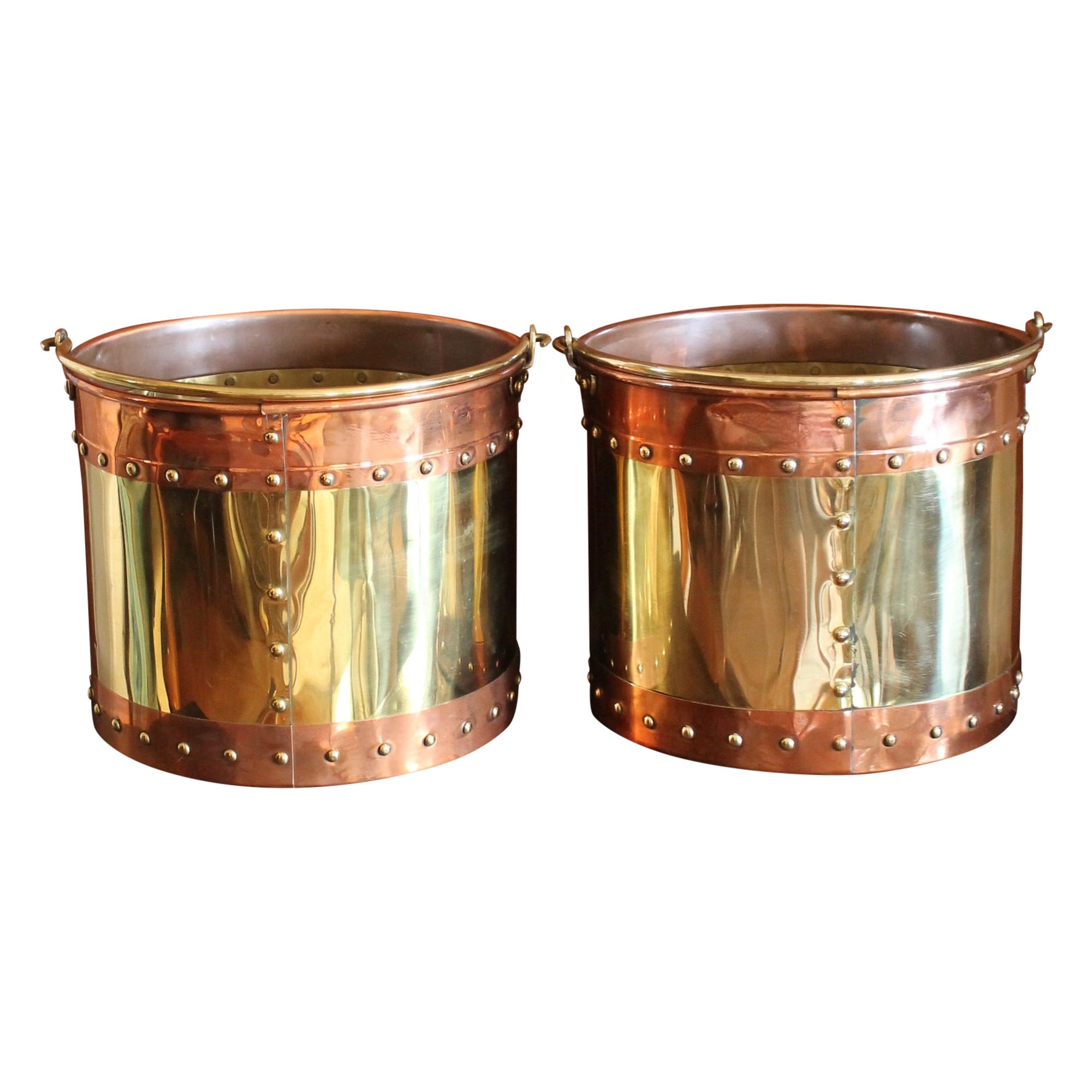 Pair of Large Copper and Brass Studded Kindling Buckets