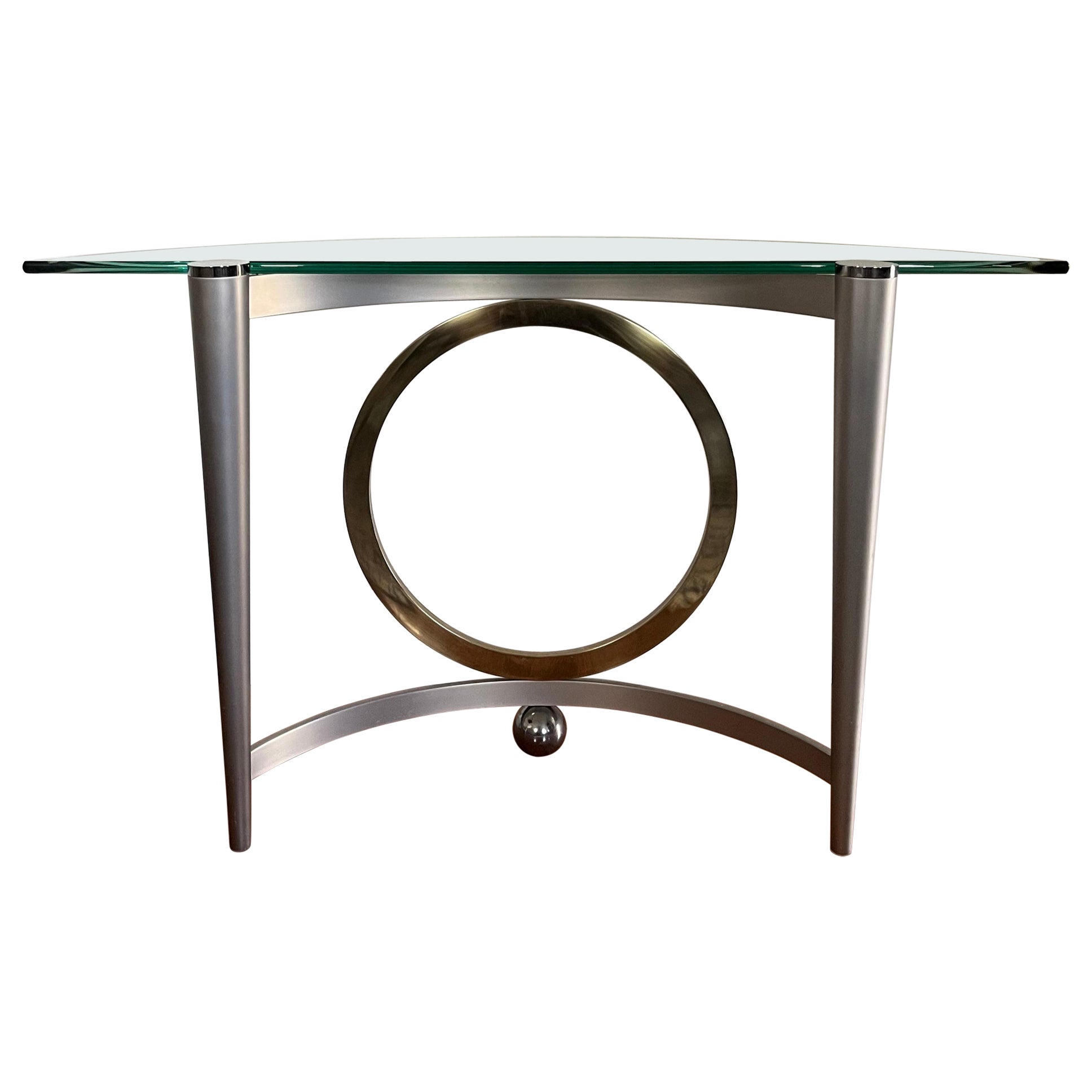 Postmodern DIA style steel and brass demilune console. For Sale