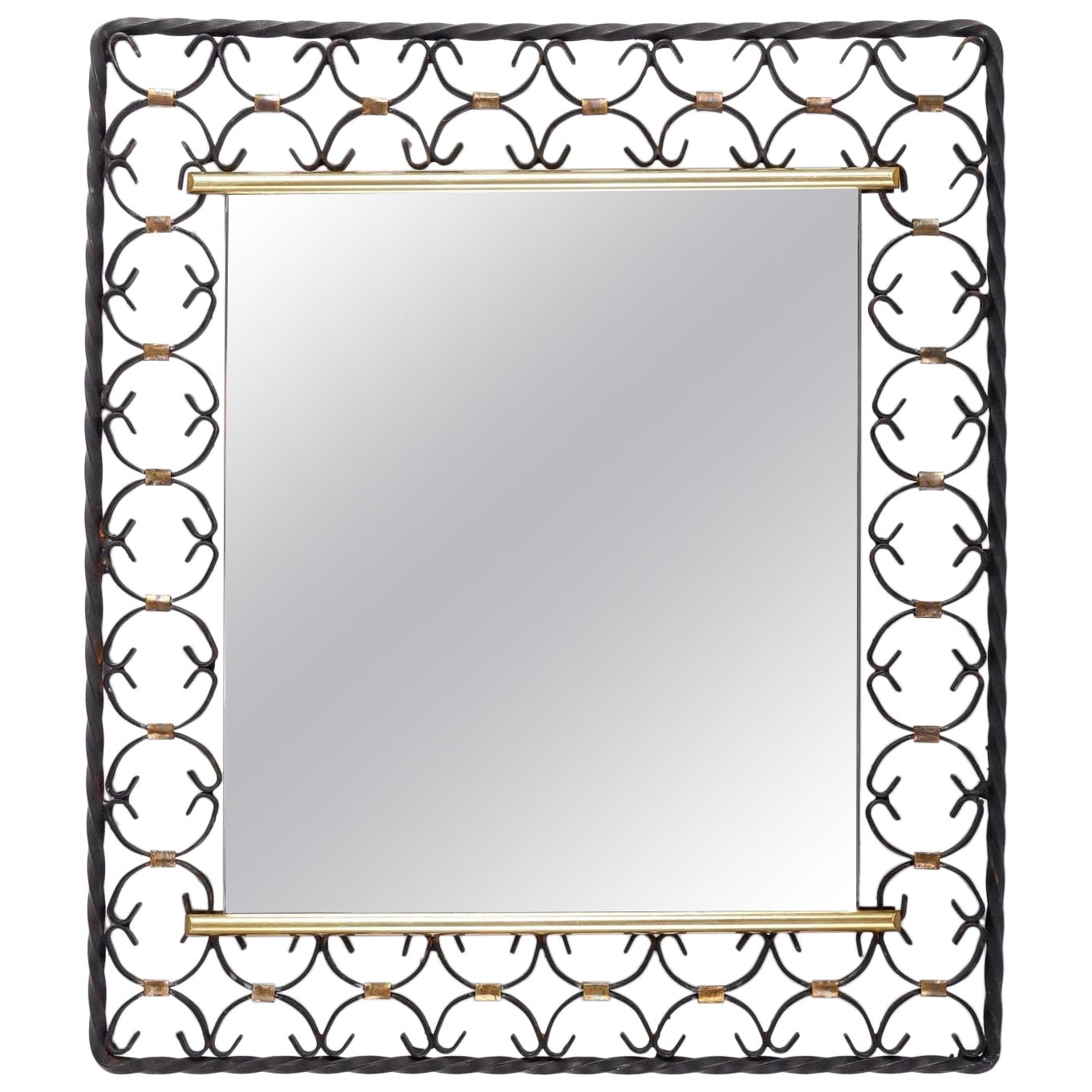 Wrought Iron and Brass Mirror, 1950s-1960s Design. For Sale