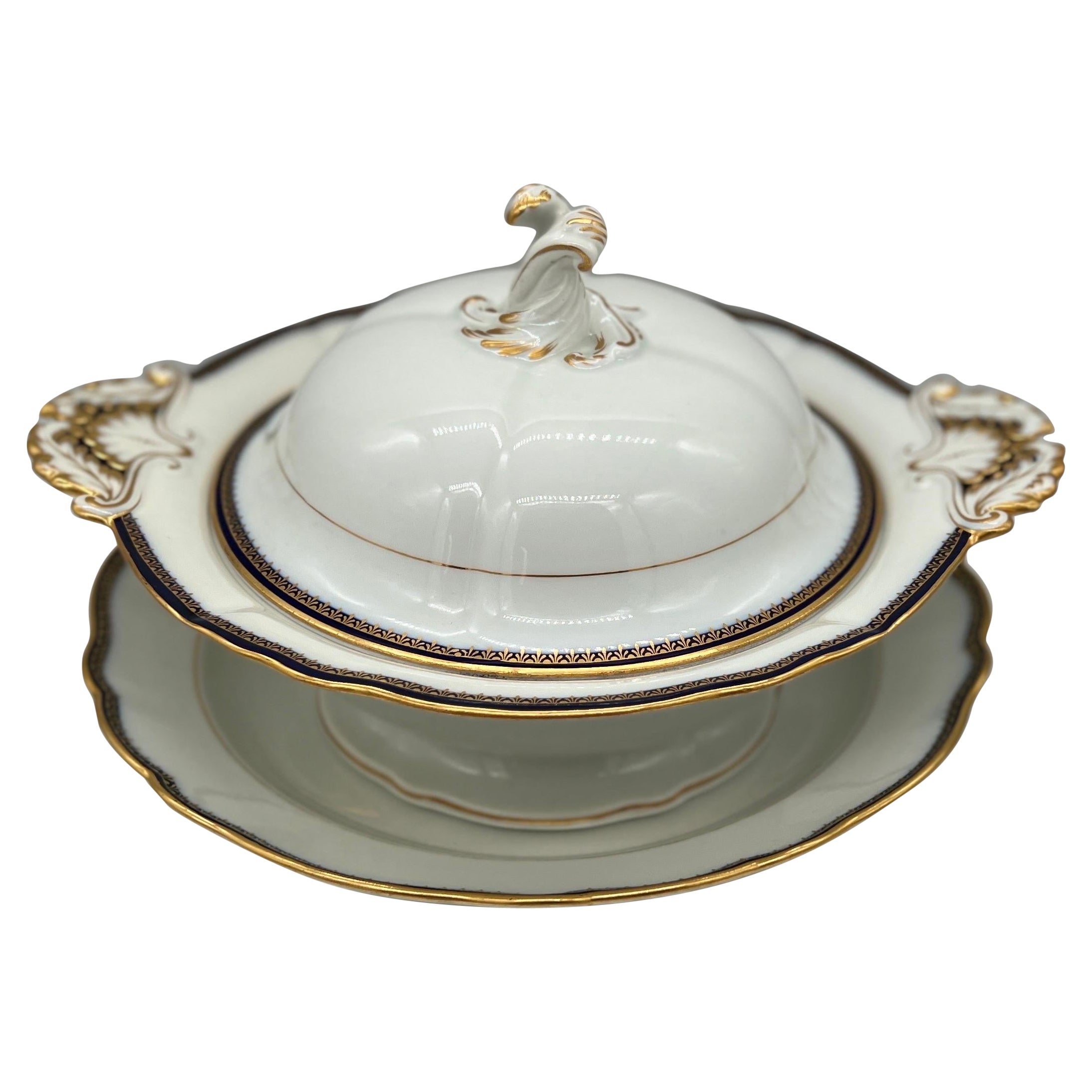 2 piezas, Meissen Porcelain Cobalt & Gold Rim Decorated Soup Tureen, Under Platter
