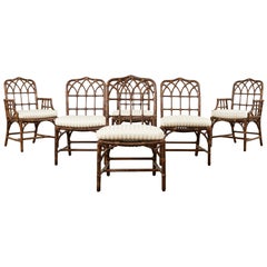 Vintage Set of Six McGuire Rattan Cathedral Back Dining Chairs