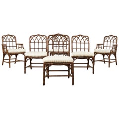 Set of Six McGuire Rattan Cathedral Back Dining Chairs