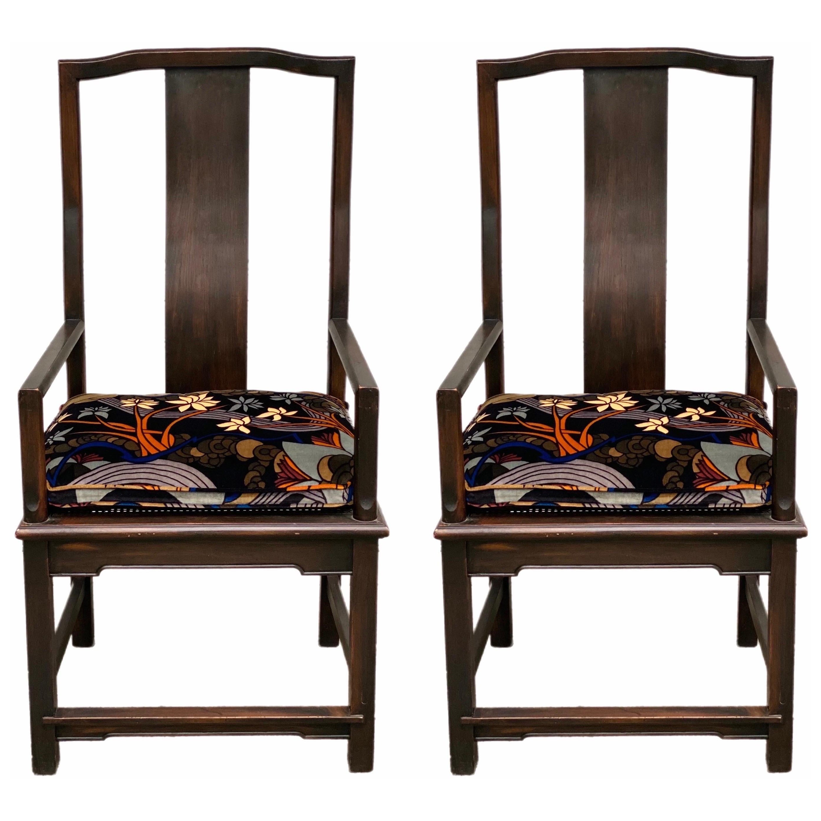 1960s Asian Chinoiserie Scholar Splat Back and Larsen Cushions Armchairs – Set For Sale