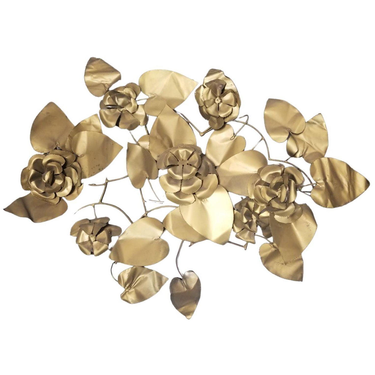 Mid-century Regency Brass Folded Metal Floral Wall Sculpture For Sale