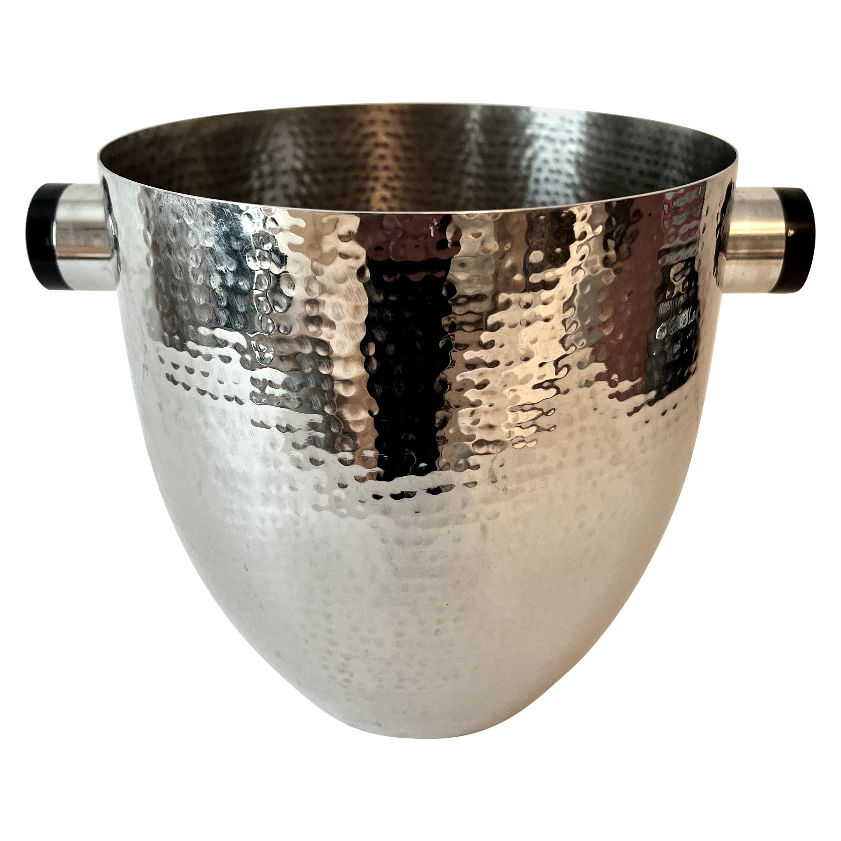 Hammered Stainless Steel Champagne Cooler or Ice Bucket with Black Resin Handles For Sale